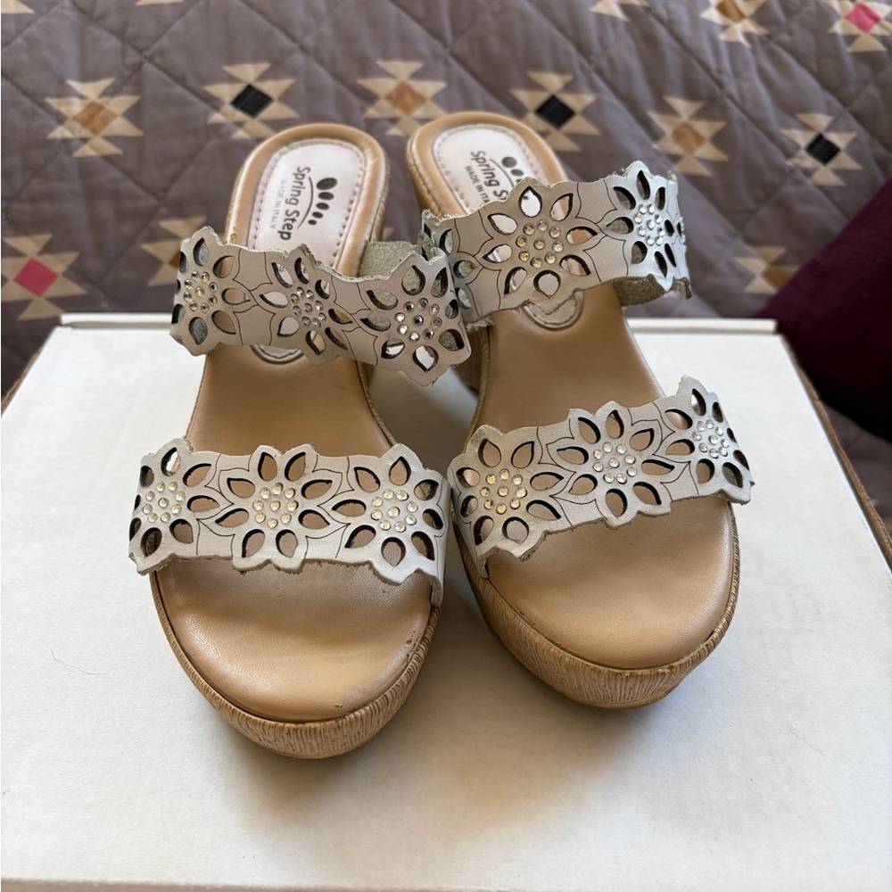Spring Step Beige Floral Cutout Wedge Women’s Sandals